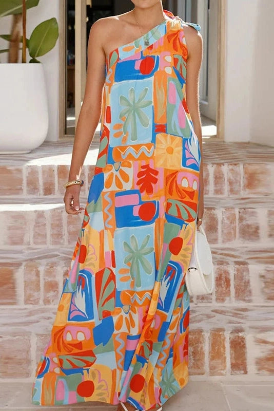 Glorol - Slash Collar One-Shoulder High Waist Pleated Loose A-Line Maxi Dress