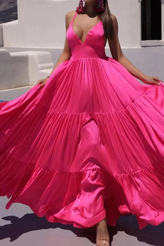 Glorol - Pleated V-Neck Sleeveless High Waist Maxi Dress