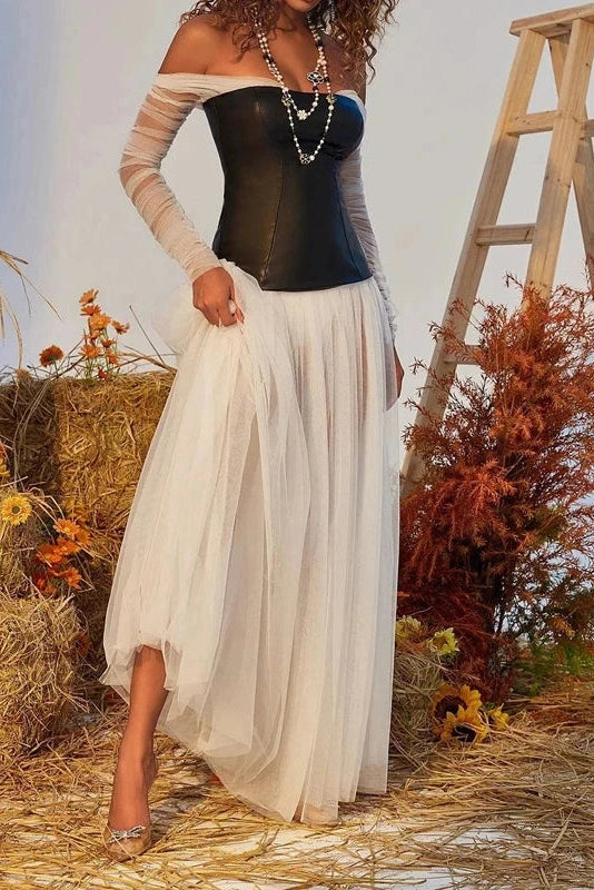 Glorol - Off Shoulder Pleated High Waist PU Leather Maxi Dress