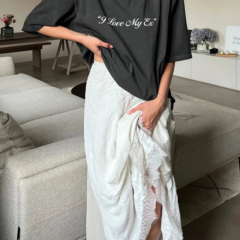 Glorol - High Waist Loose Pleated A-Line Lace Skirt