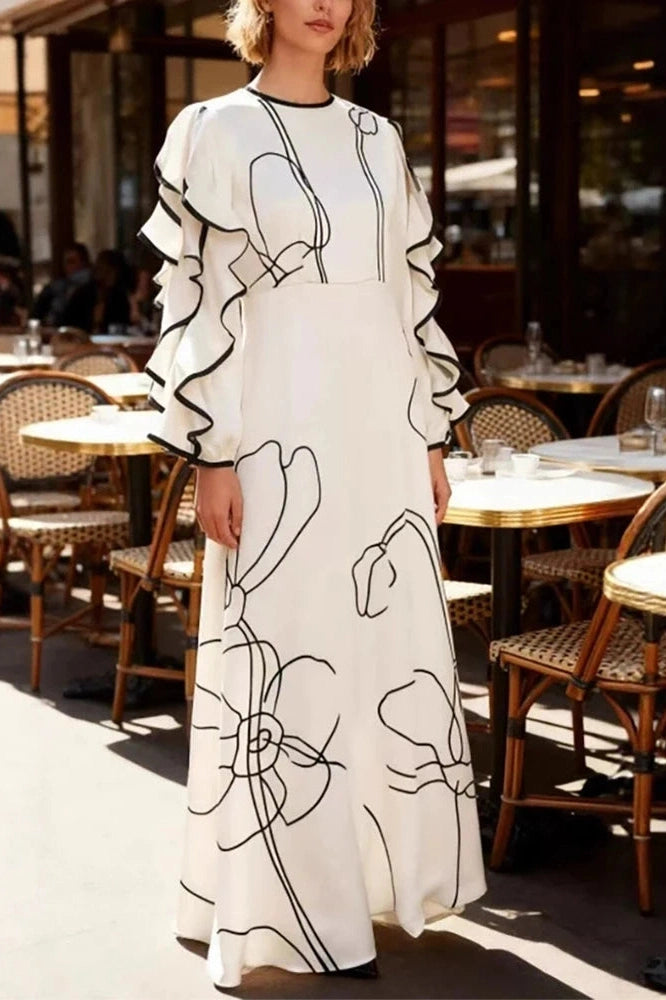 Glorol - O-Neck High Waist Pleated Sleeve Fit Maxi Dress