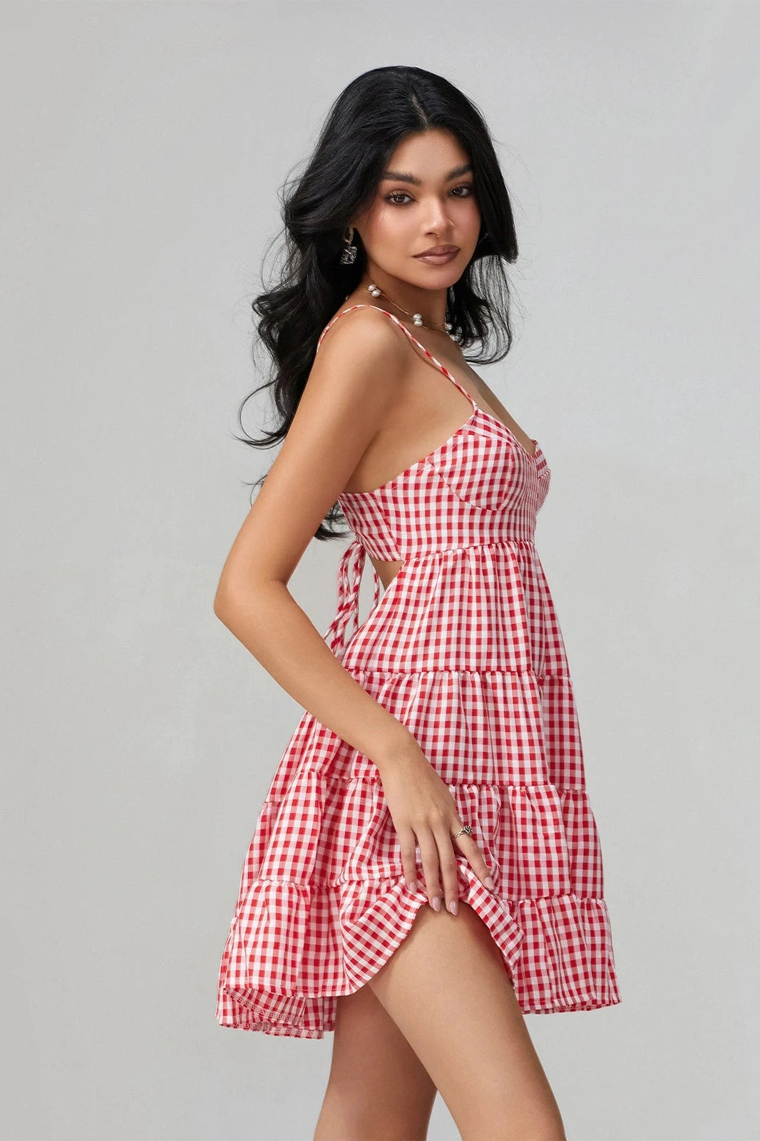 Glorol - Spaghetti Strap Plaid Mini Dress