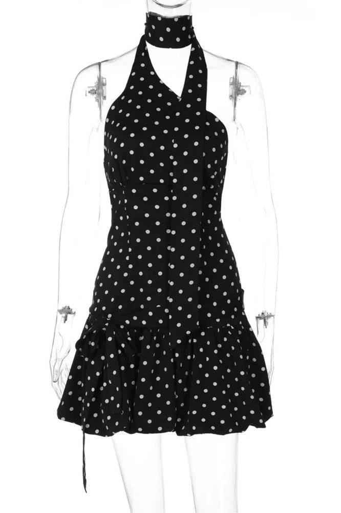 Glorol - Polka Dot Backless Off-Shoulder Sleeveless Mini Dress