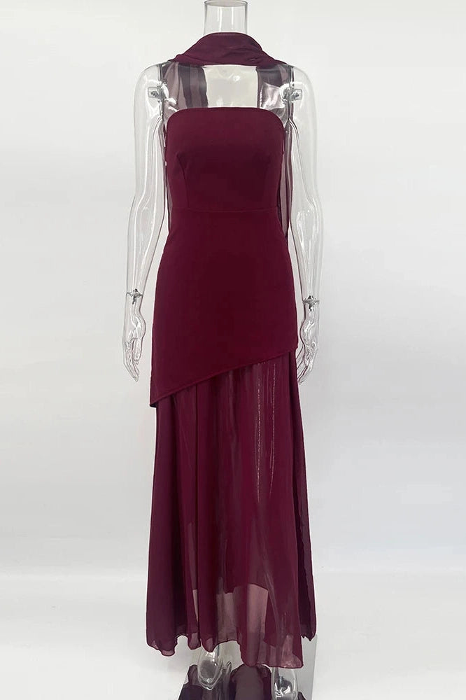 Glorol - Elegant Strapless Slit Sleeveless Mesh Maxi Dress