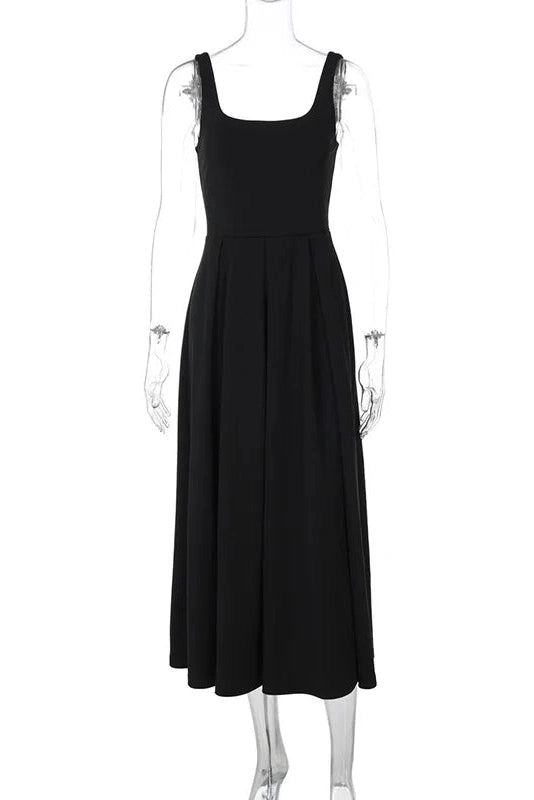 Glorol - Elegant Square Collar Sleeveless High Waist Pleated Maxi Dress