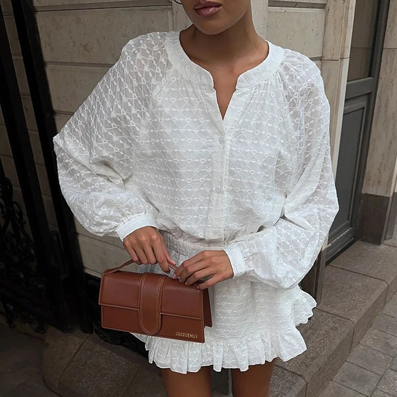 Glorol - O Neck Long Sleeve Pleated A-line Mini Dress