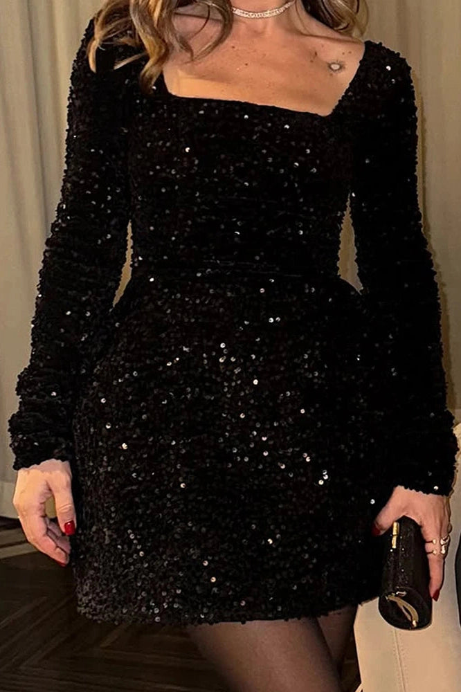 Glorol - Elegant High Waist A-Line Square Collar Long Sleeve Mini Dress