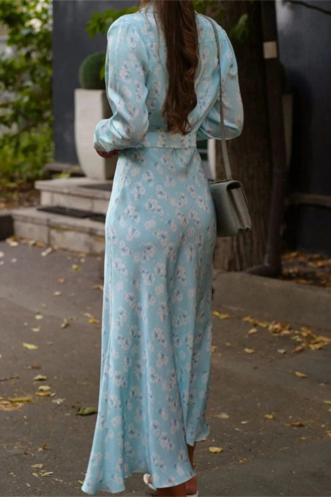 Glorol - Printed Long Sleeve High Waist Slim Midi Dress