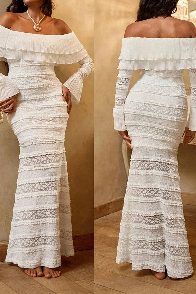 Glorol - Lace Hollow Out High Waist Slim Off-Shoulder Pleated Maxi Dress