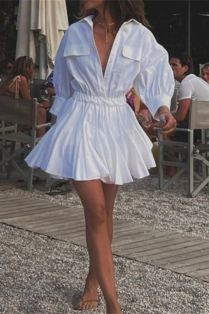 Glorol - Pleated Patchwork Slim Short Sleeve High Waist Mini Dress