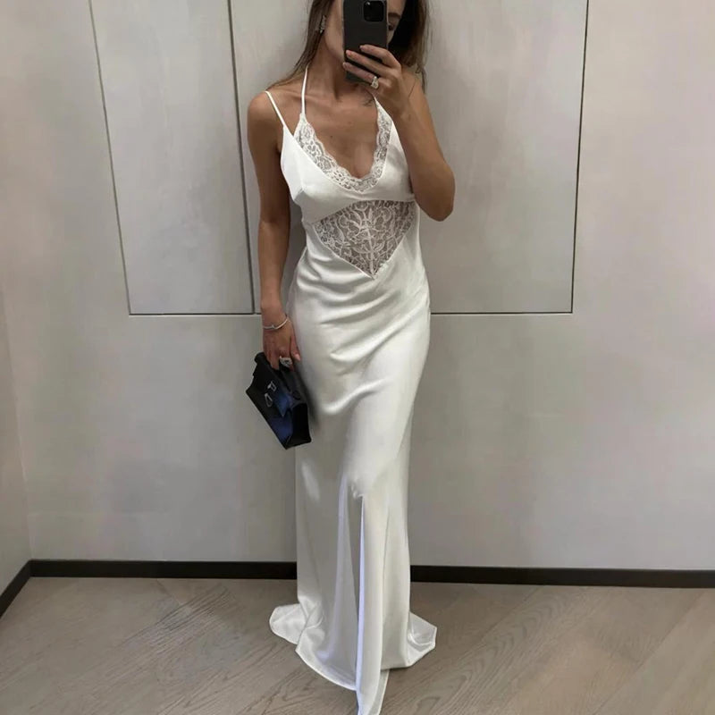 Glorol - Hollow Out Lace High Waist Backless Maxi Dress