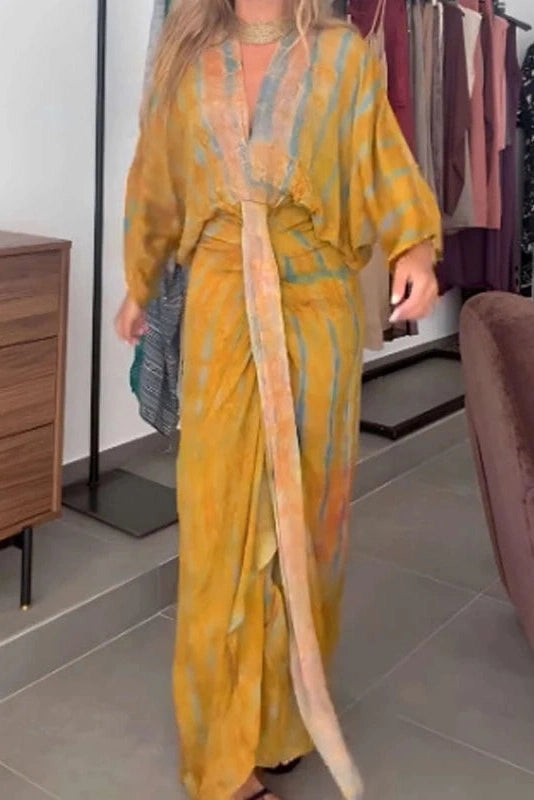 Glorol - Sleeves Loose Printed Tie-Up V-Neck High Waist Pleated Maxi Dress