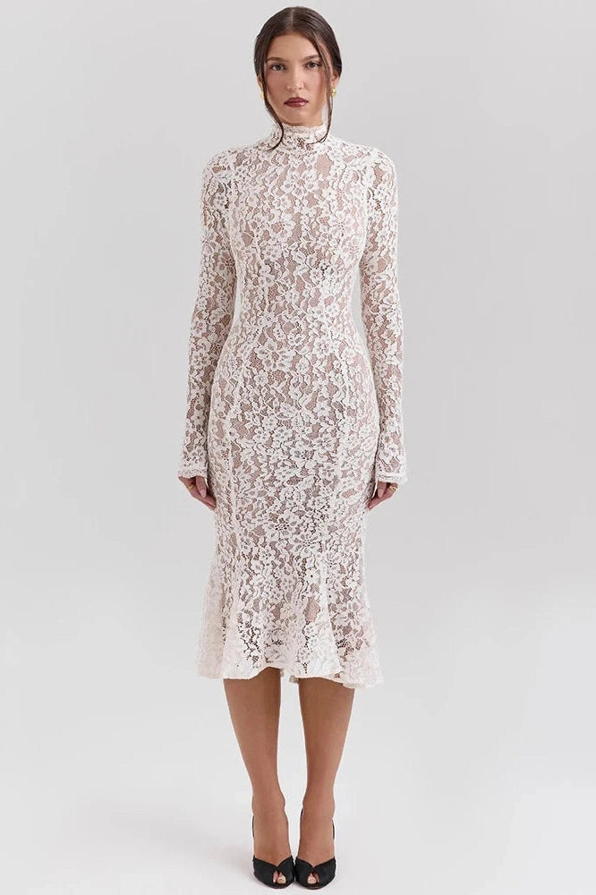Glorol - Lace Long Sleeve High Waist Bodycon Midi Dress