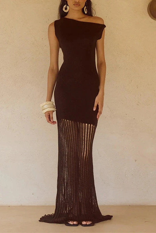 Glorol - Knitted Slash Collar High Waist Slim Maxi Dress