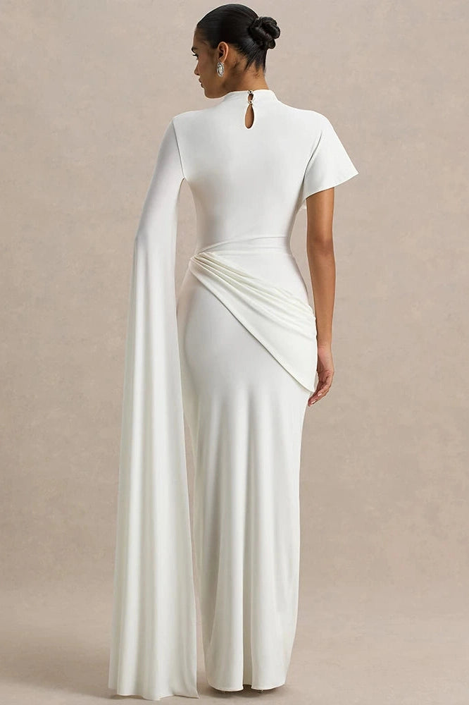 Glorol - One Cape Sleeve O Neck High Collar High Waist Maxi Dress