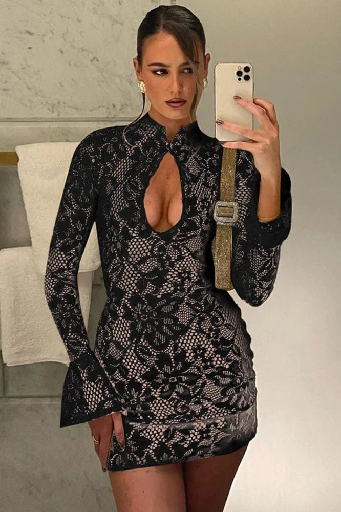 Glorol - Lace Hollow Out Long Sleeve Bodycon Mini Dress