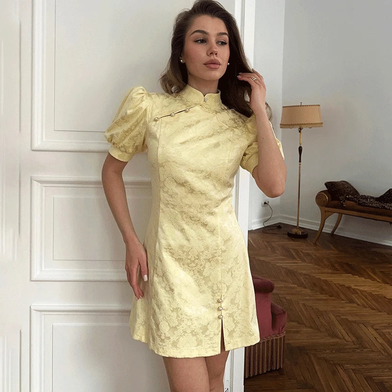 Glorol - Printed Button Patchwork Mini Dress