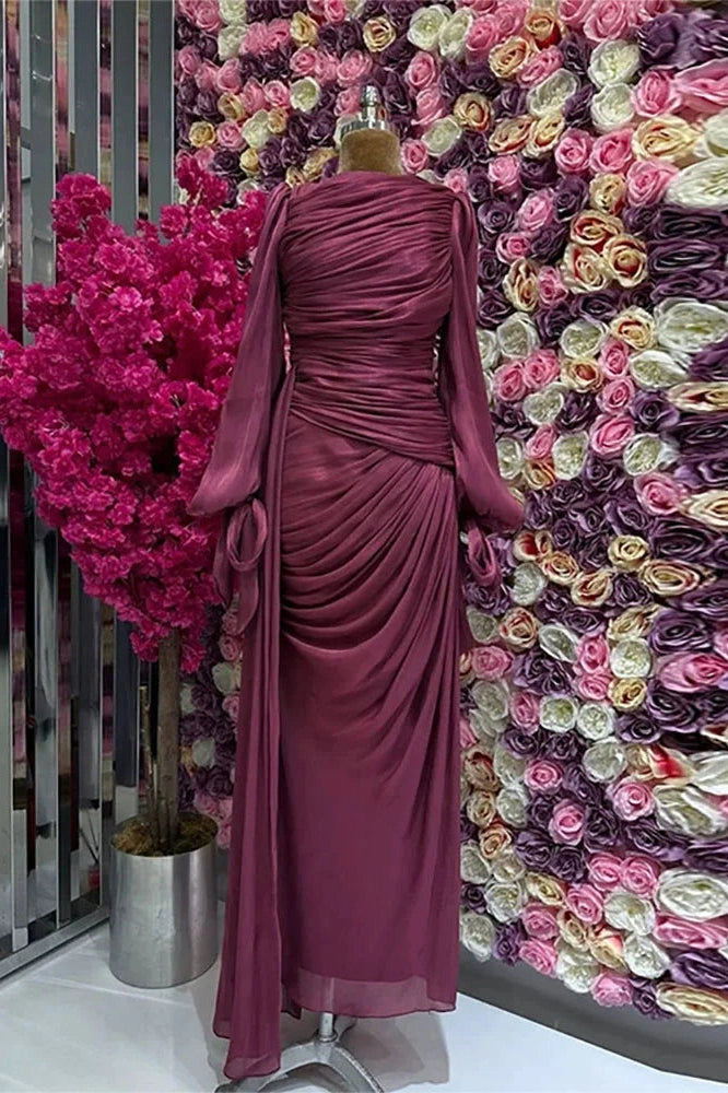 Glorol - Elegant Long Sleeve High Waist Pleated Slim Maxi Dress