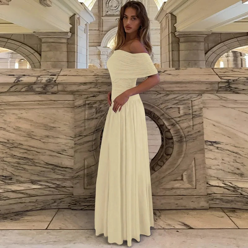 Glorol - Off Shoulder Patchwork Sleeveless Slit Slim Maxi Dress