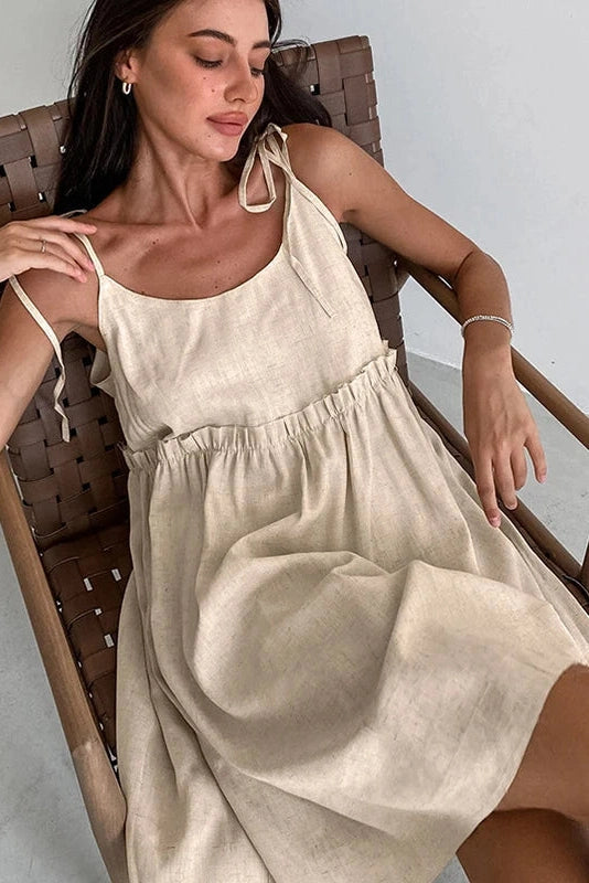 Glorol - Spaghetti Strap Loose Cotton Lace Up Mini Dress
