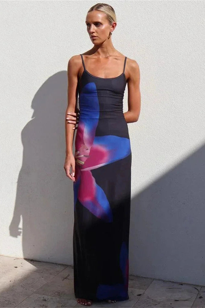 Glorol - Spaghetti Strap Printed Backless Bodycon Maxi Dress