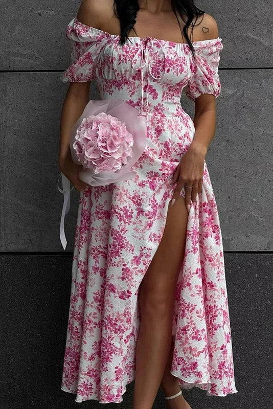 Glorol - Off Shoulder Floral Print Short-Sleeved Lace-Up Slit Maxi Dress