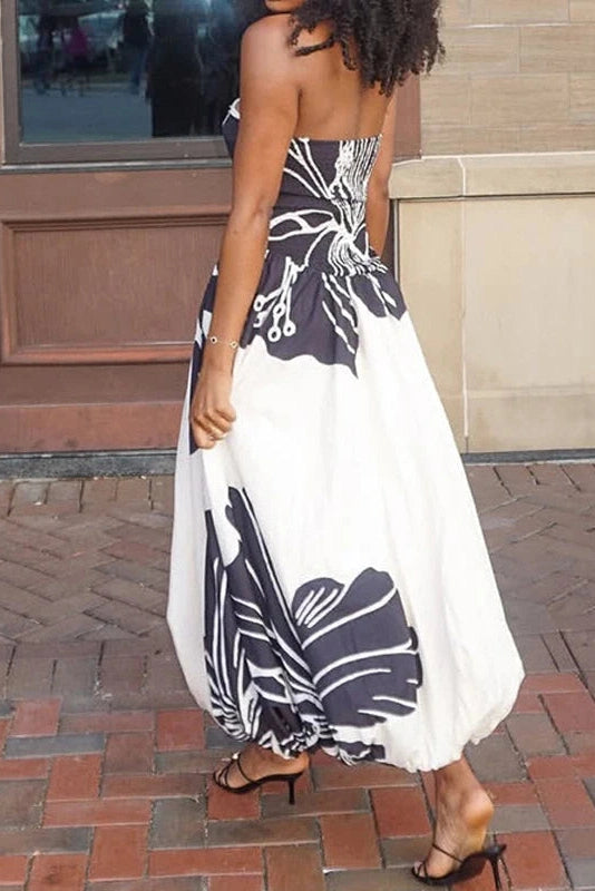 Glorol - Off Shoulder Sleeveless High Waist Printed Pleated Maxi Dress