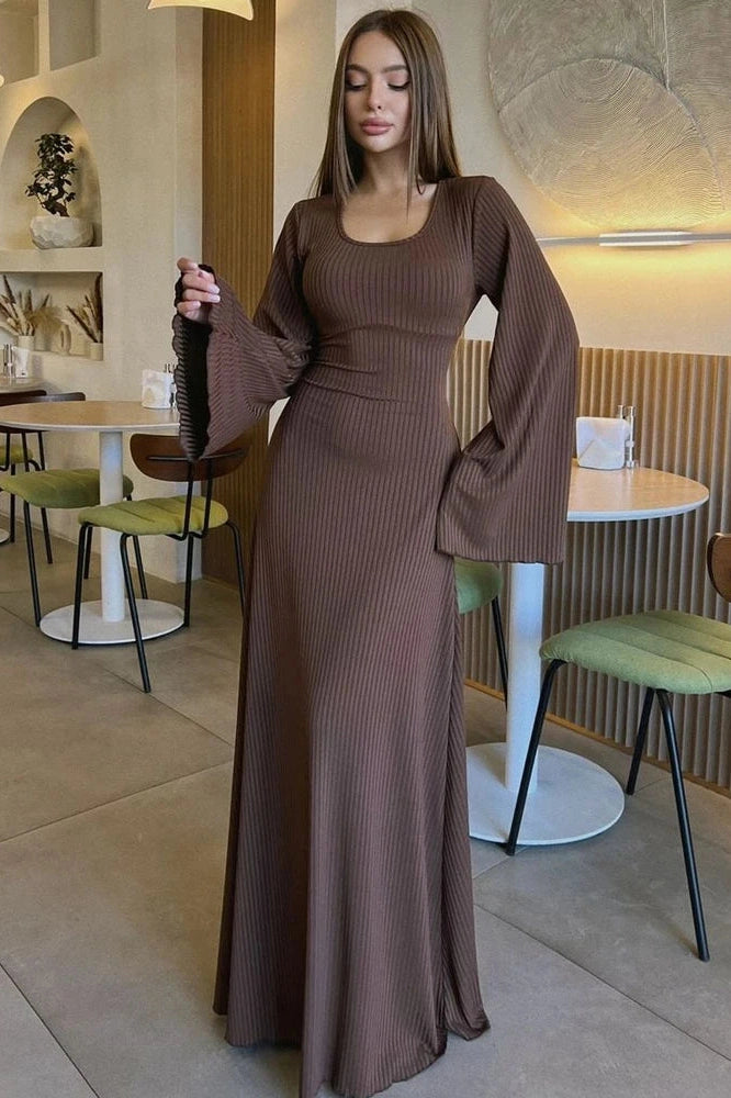 Glorol - Lace-Up Long Sleeve Slim Loose Maxi Dress