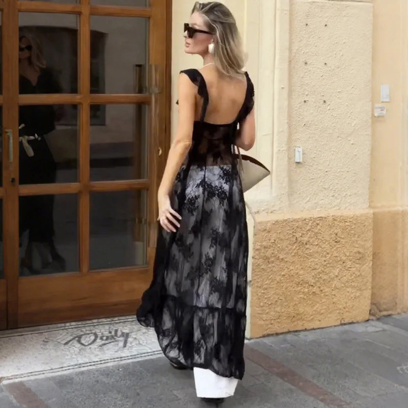 Glorol - See Through Patchwork Split Backless Maxi Dress