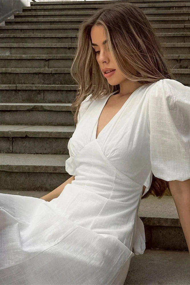 Glorol - Backless Short Sleeve Slim V-Neck High Waist Midi Dress