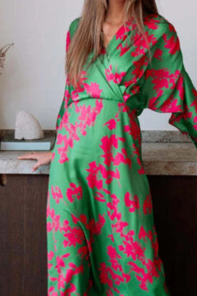 Glorol - Elegant Long Sleeve High Waist Printed V-Neck Maxi Dress