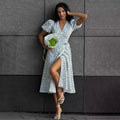 Glorol - Printed V Neck High Waist Lace Up Midi Dress