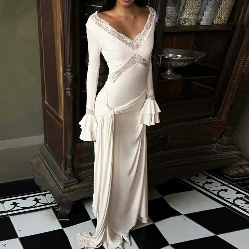 Glorol - Elegant V-Neck Lace Lace-Up Patchwork Maxi Dress