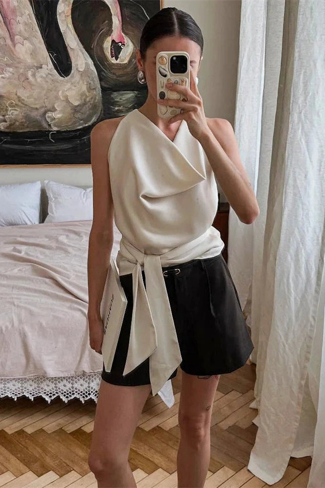 Glorol - Backless Patchwork V-Neck Lace-Up Top