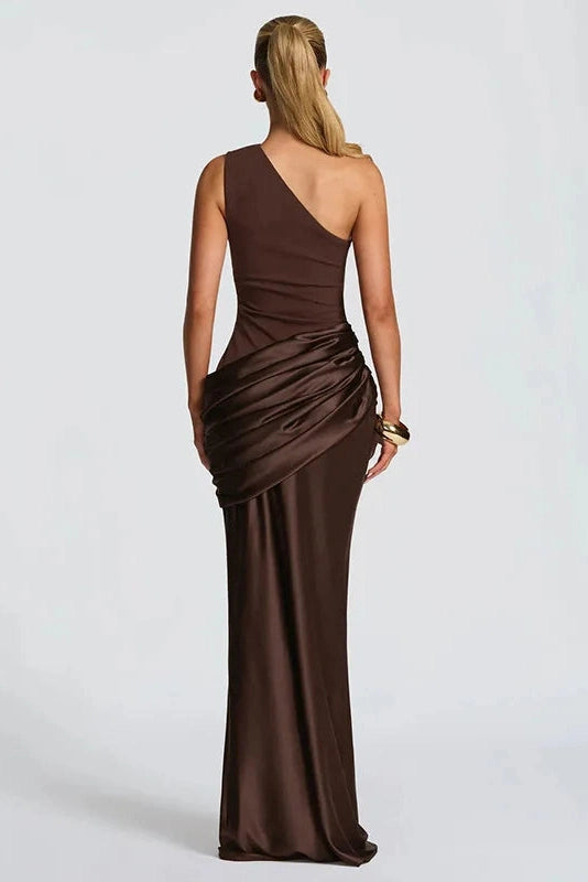 Glorol - Elegant Pleated One Shoulder Maxi Dress