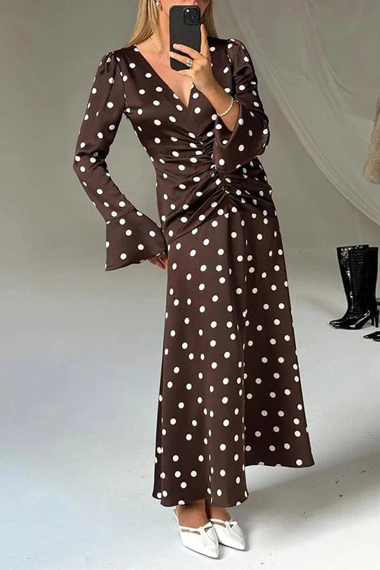 Glorol - Long Sleeve V-Neck Printed Pleated Maxi Dress