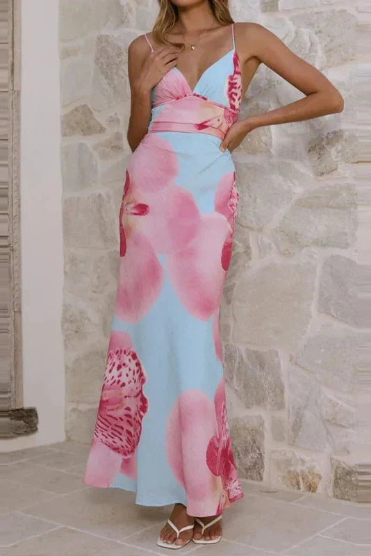 V-Neck Printed Sleeveless Fit Pleated Backless Maxi Dress