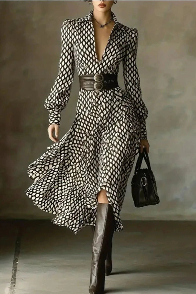 Glorol - Elegant Pleated High Waist Printed Long Sleeve Midi Dress