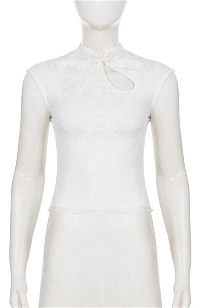 Glorol - Hollow Out Patchwork Short Sleeve Top