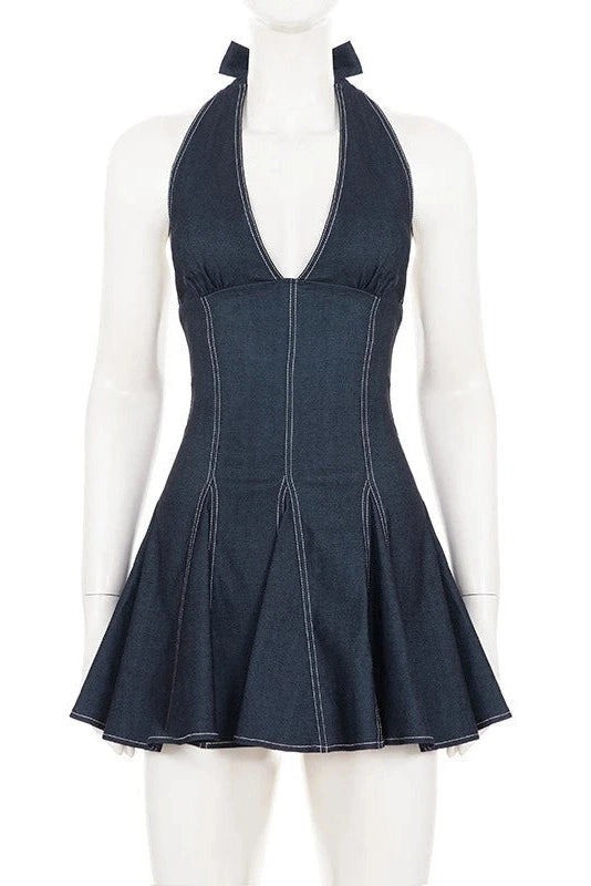 Glorol - Elegant Pleated Sleeveless Backless Slim Mini Dress