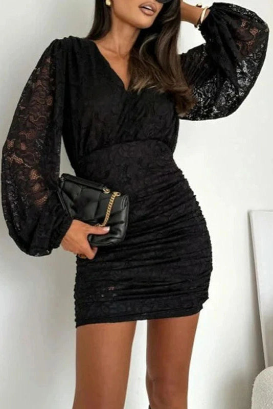 Glorol - Elegant Slim High Waist Pleated Lace V-Neck Long Sleeve Mini Dress