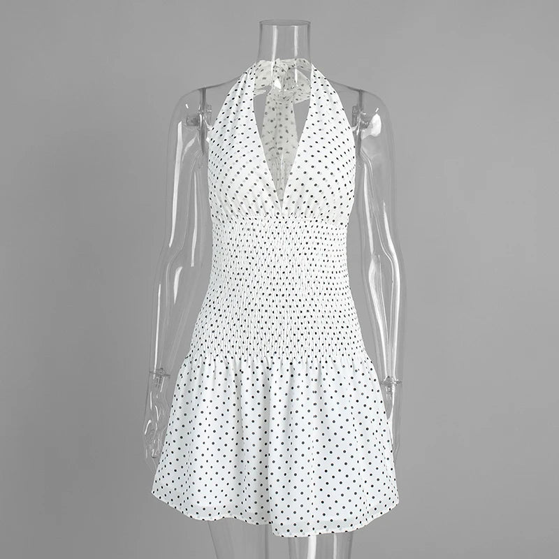 Glorol - Polka Dot Pleated Lace Sleeveless Mini Dress