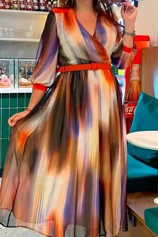 Glorol - Half Sleeve Loose V-Neck Printed Pleated Maxi Dress