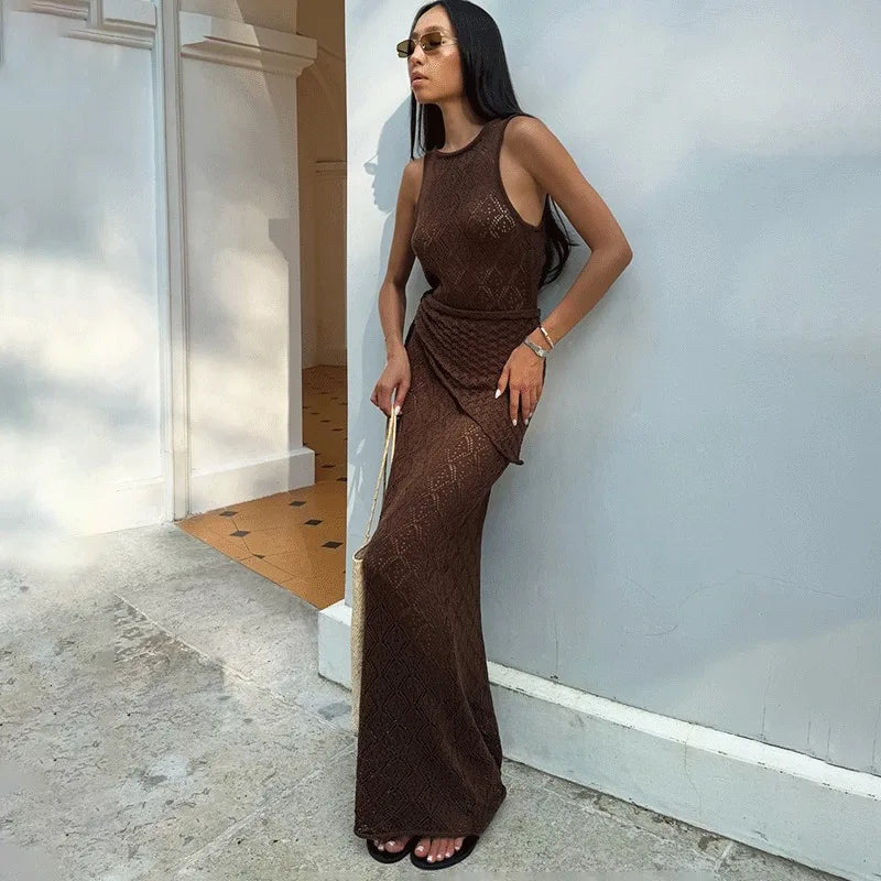 Glorol - Elegant Hollow Out See-Through Sleeveless Maxi Dress