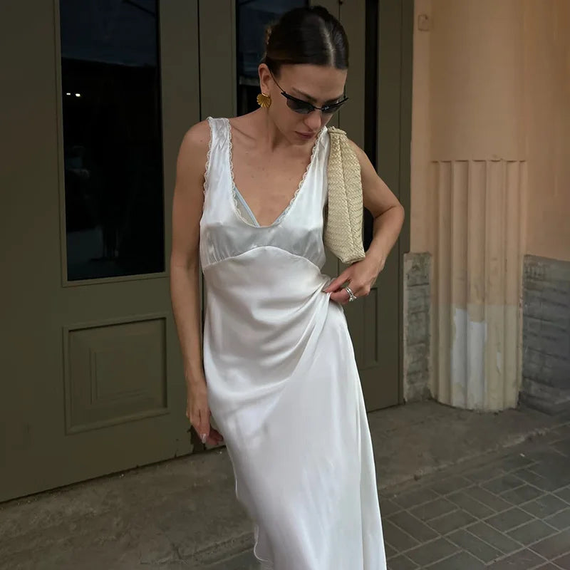 Glorol - Sleeveless Slim Lace V Neck Maxi Dress