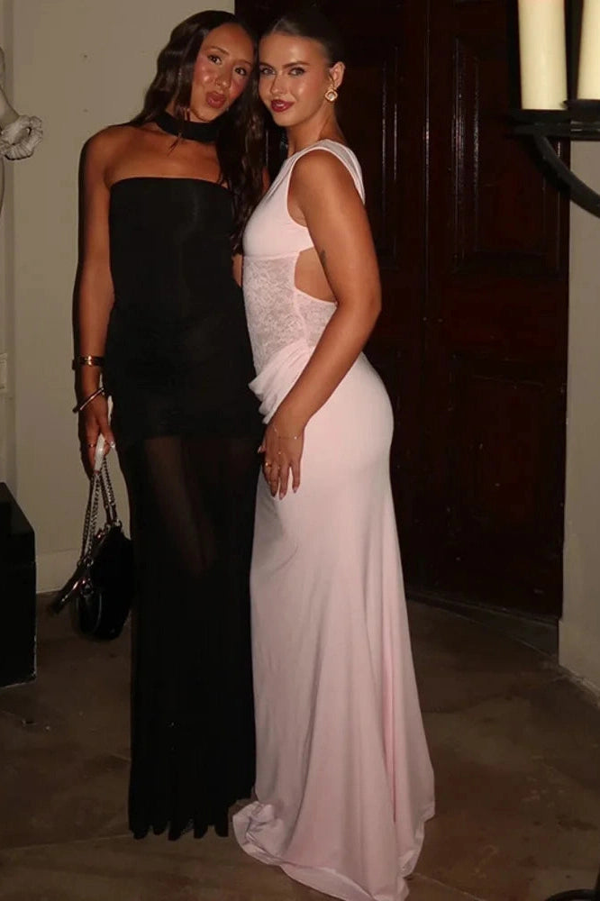 Glorol - Backless Sleeveless Lace Patchwork High Waist Bodycon Maxi Dress