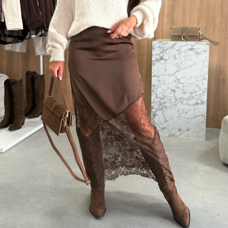 Glorol - High Waist Lace Splicing Hollow Out Skirt