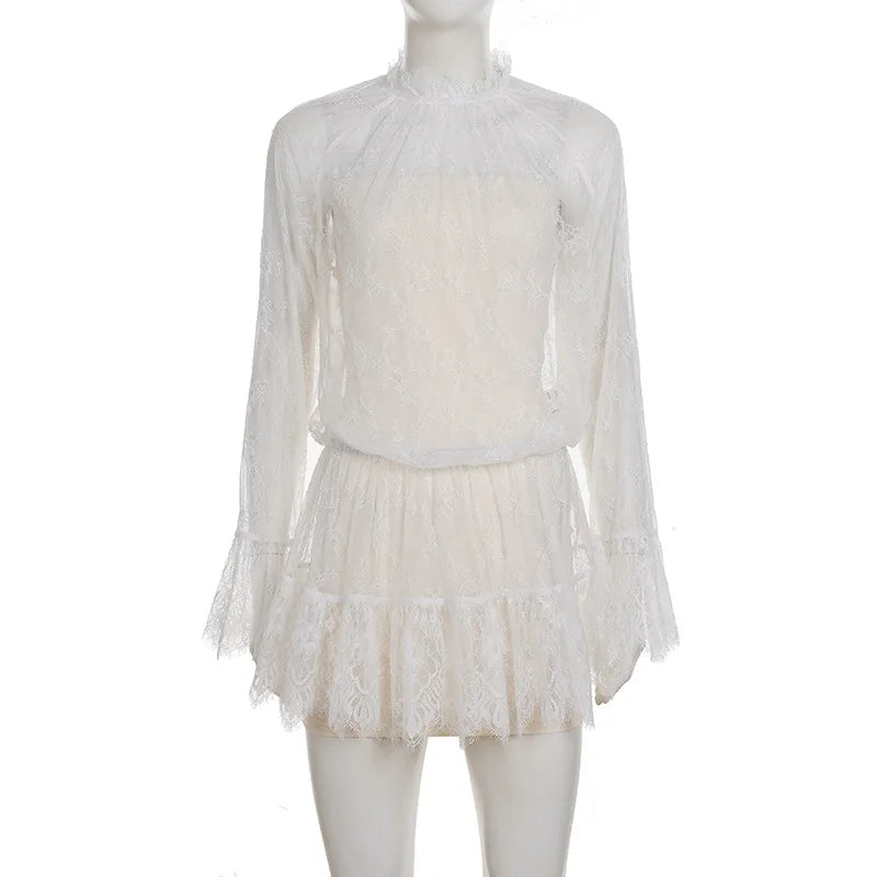 Glorol - See Through Lace Long Sleeve High Waist Mini Dress