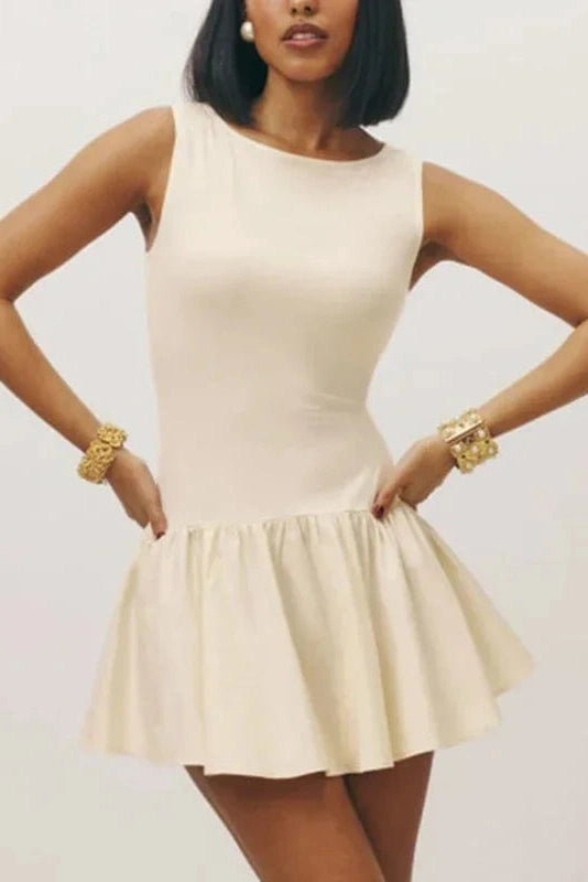 Glorol - Sleeveless Pleated High Waist Round Neck Slim Mini Dress