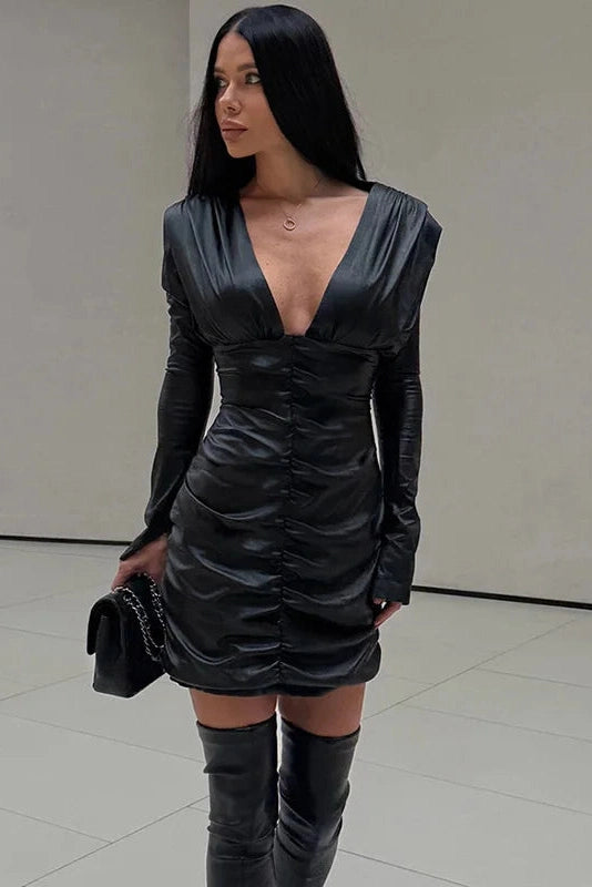 Glorol - Pleated Long-Sleeved V-Neck Slim Patchwork Mini Dress